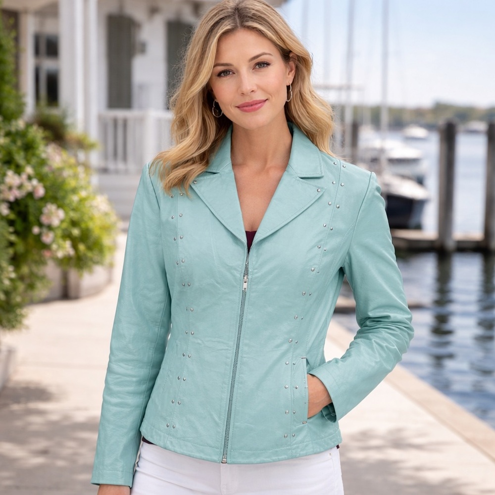 NYGARD COLLECTION Genuine Leather and Knit Zipper Jacket Baby Blue Size 10-12